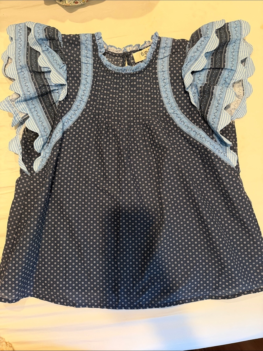 Sea New York Navy Blouse with Light Blue Ruffle Trim